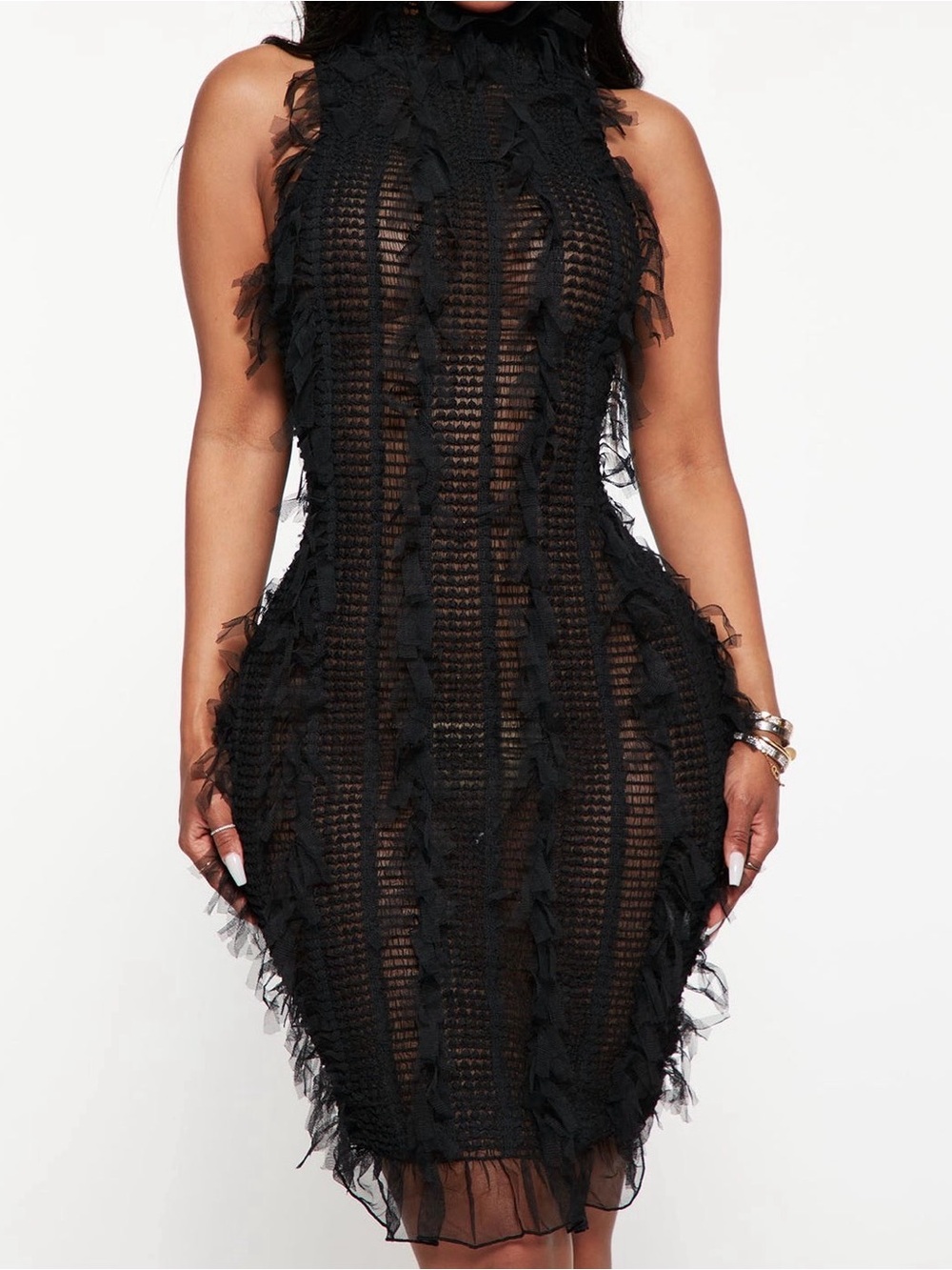 Fashion Nova Black Sheer Crochet Midi Dress